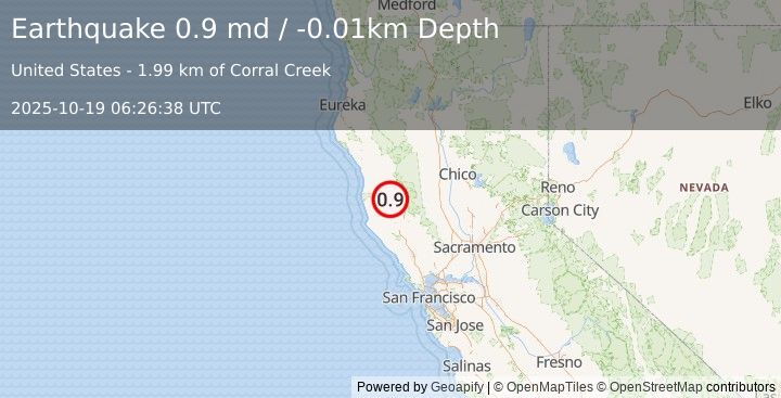 Earthquake 8 km N of Redwood Valley, CA (0.9 md) (2025-10-19 06:26:38 UTC)
