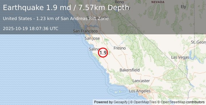Earthquake 11 km SE of Pinnacles, CA (1.9 md) (2025-10-19 18:07:36 UTC)
