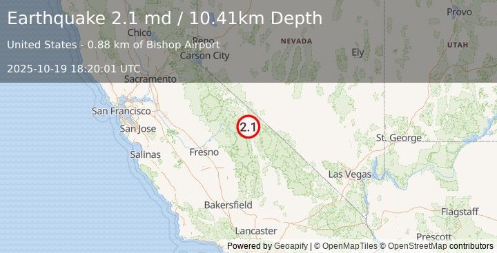 Earthquake 3 km NE of Bishop, CA (2.1 md) (2025-10-19 18:20:01 UTC)