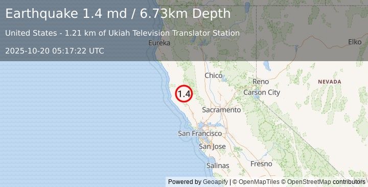 Earthquake 5 km ESE of Talmage, CA (1.4 md) (2025-10-20 05:17:22 UTC)