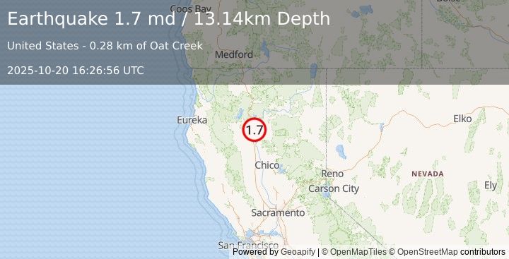 Earthquake 1 km NE of Palo Cedro, CA (1.7 md) (2025-10-20 16:26:56 UTC)