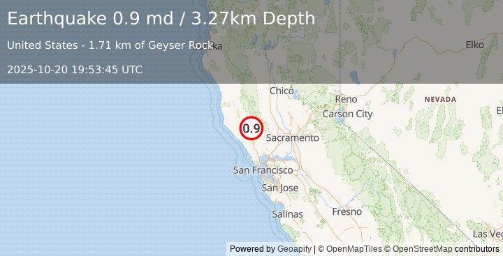 Earthquake 5 km NNW of The Geysers, CA (0.9 md) (2025-10-20 19:53:45 UTC)