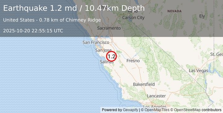Earthquake 16 km NNE of Hollister, CA (1.2 md) (2025-10-20 22:55:15 UTC)