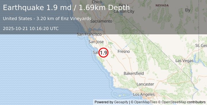 Earthquake 14 km S of Tres Pinos, CA (1.9 md) (2025-10-21 10:16:20 UTC)