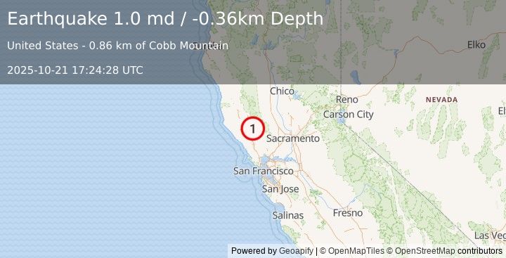 Earthquake 3 km NNE of The Geysers, CA (1.0 md) (2025-10-21 17:24:28 UTC)