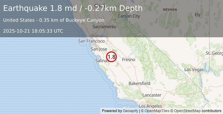 Earthquake 24 km SSW of Los Banos, CA (1.8 md) (2025-10-21 18:05:33 UTC)
