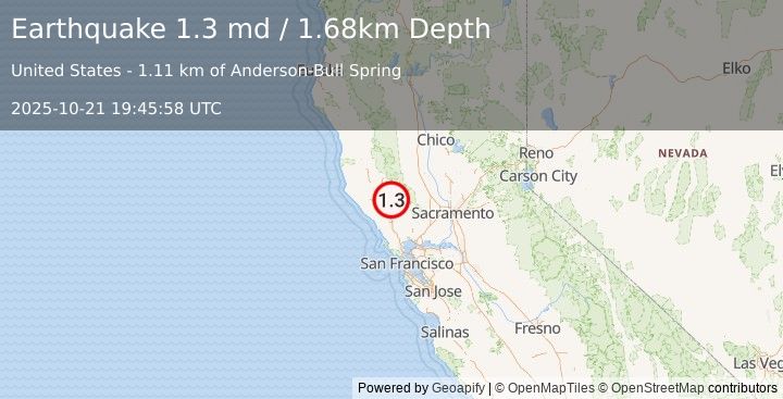 Earthquake 2 km ENE of The Geysers, CA (1.3 md) (2025-10-21 19:45:58 UTC)