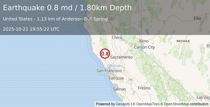 Earthquake 2 km ENE of The Geysers, CA (0.8 md) (2025-10-21 19:55:22 UTC)