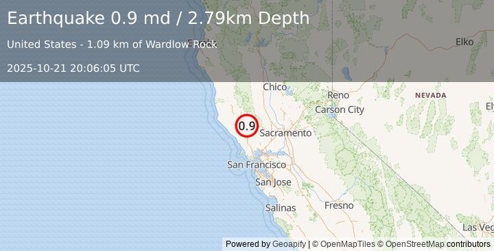 Earthquake 3 km SE of The Geysers, CA (0.9 md) (2025-10-21 20:06:05 UTC)