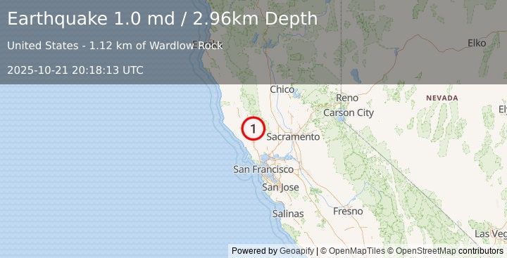 Earthquake 3 km SE of The Geysers, CA (1.0 md) (2025-10-21 20:18:13 UTC)