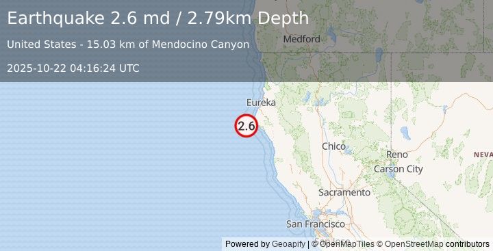 Earthquake 32 km WSW of Petrolia, CA (2.6 md) (2025-10-22 04:16:24 UTC)