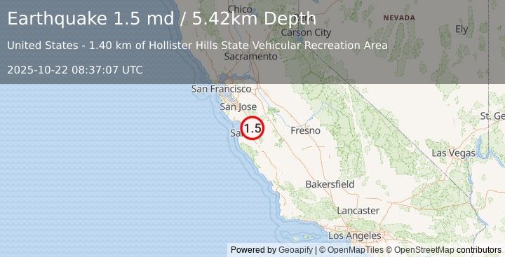 Earthquake 8 km WSW of Ridgemark, CA (1.5 md) (2025-10-22 08:37:07 UTC)