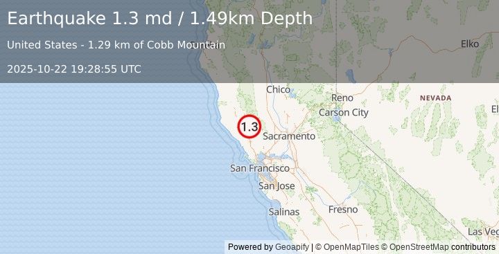 Earthquake 2 km NNE of The Geysers, CA (1.3 md) (2025-10-22 19:28:55 UTC)