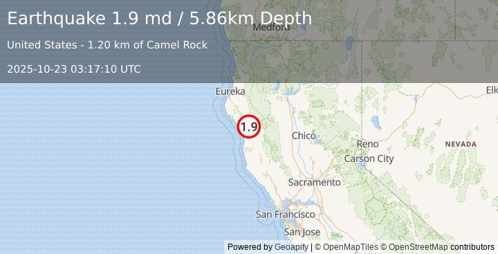Earthquake 28 km NNW of Laytonville, CA (1.9 md) (2025-10-23 03:17:10 UTC)
