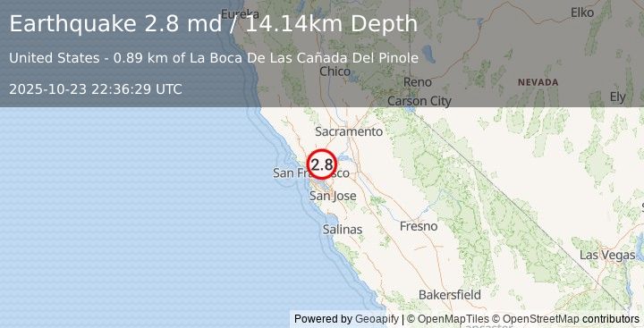 Earthquake 8 km NNW of Lafayette, CA (2.8 md) (2025-10-23 22:36:29 UTC)