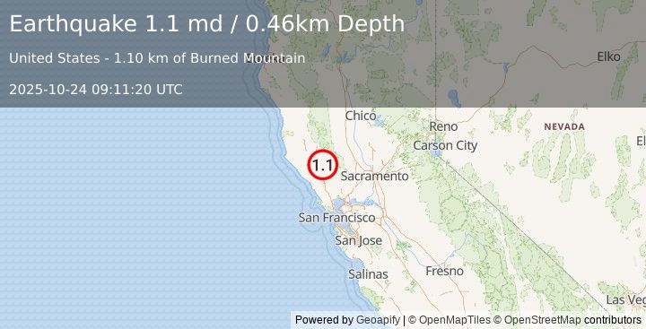 Earthquake 2 km NNW of The Geysers, CA (1.1 md) (2025-10-24 09:11:20 UTC)