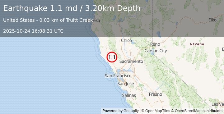 Earthquake 9 km WNW of The Geysers, CA (1.1 md) (2025-10-24 16:08:31 UTC)