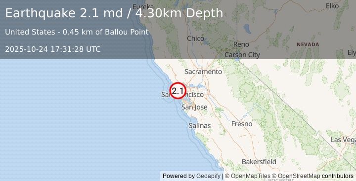 Earthquake 3 km ENE of Stinson Beach, CA (2.1 md) (2025-10-24 17:31:28 UTC)