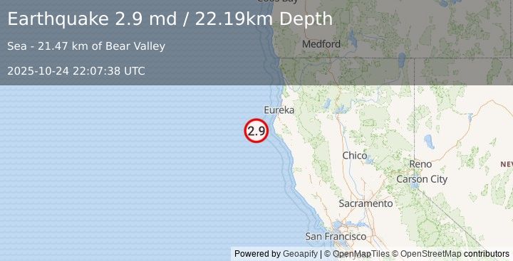 Earthquake 49 km W of Petrolia, CA (2.9 md) (2025-10-24 22:07:38 UTC)