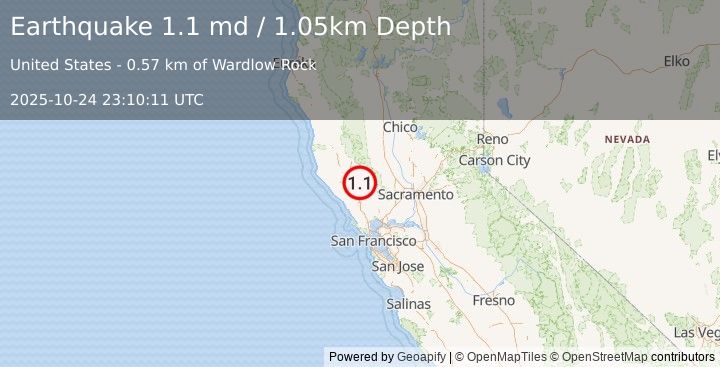 Earthquake 3 km WSW of Anderson Springs, CA (1.1 md) (2025-10-24 23:10:11 UTC)