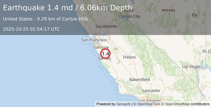 Earthquake 6 km S of Gilroy, CA (1.4 md) (2025-10-25 01:54:17 UTC)
