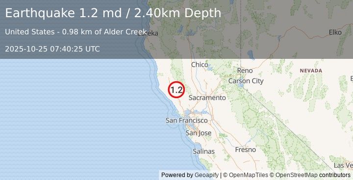 Earthquake 13 km NW of The Geysers, CA (1.2 md) (2025-10-25 07:40:25 UTC)