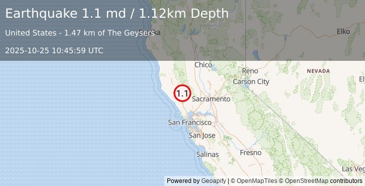 Earthquake 2 km ESE of The Geysers, CA (1.1 md) (2025-10-25 10:45:59 UTC)