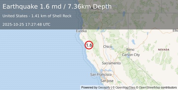Earthquake 16 km N of Laytonville, CA (1.6 md) (2025-10-25 17:27:48 UTC)