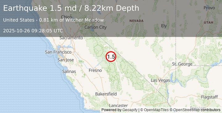 Earthquake 5 km SSE of Toms Place, CA (1.5 md) (2025-10-26 09:28:05 UTC)