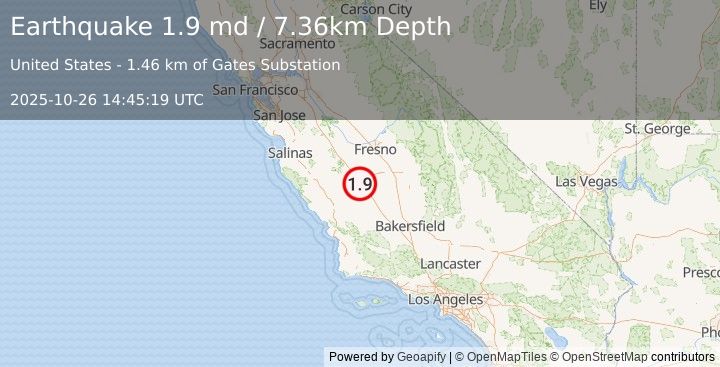 Earthquake 9 km S of Huron, CA (1.9 md) (2025-10-26 14:45:19 UTC)