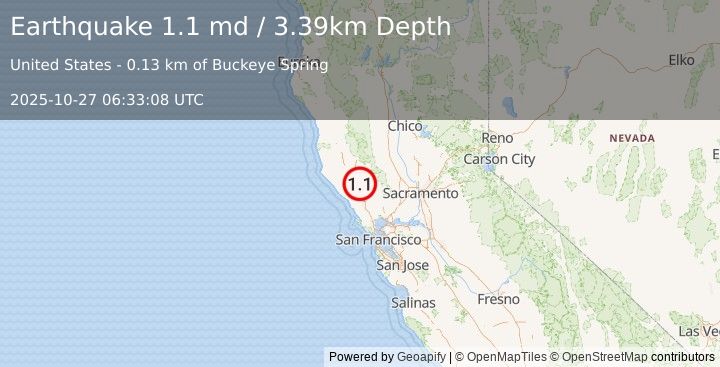 Earthquake 7 km WSW of The Geysers, CA (1.1 md) (2025-10-27 06:33:08 UTC)