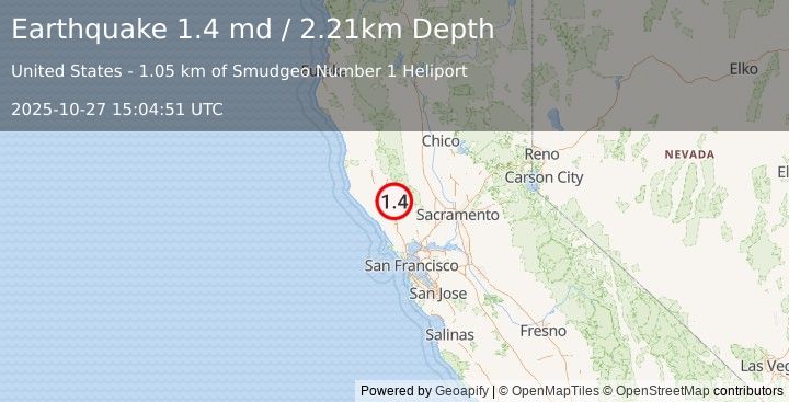 Earthquake 1 km NNW of The Geysers, CA (1.4 md) (2025-10-27 15:04:51 UTC)