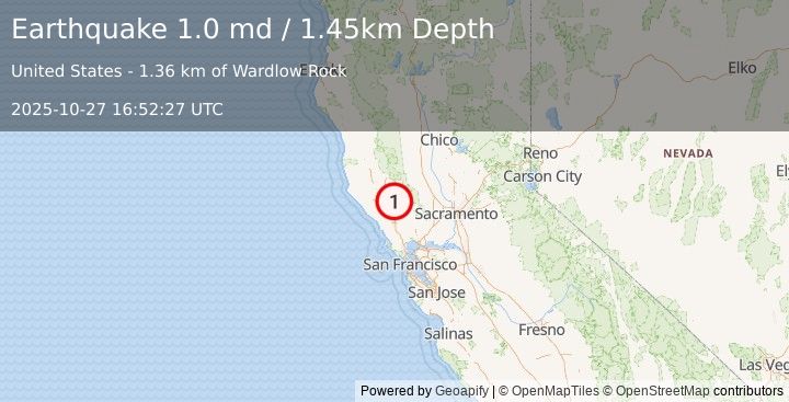Earthquake 2 km ESE of The Geysers, CA (1.0 md) (2025-10-27 16:52:27 UTC)