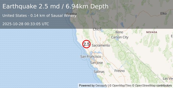 Earthquake 9 km NE of Healdsburg, CA (2.5 md) (2025-10-28 00:33:05 UTC)
