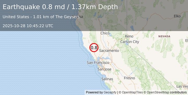 Earthquake 1 km W of The Geysers, CA (0.8 md) (2025-10-28 10:45:22 UTC)
