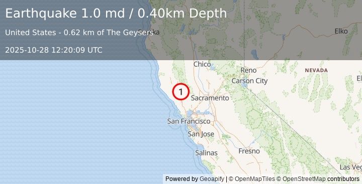 Earthquake 1 km W of The Geysers, CA (1.0 md) (2025-10-28 12:20:09 UTC)