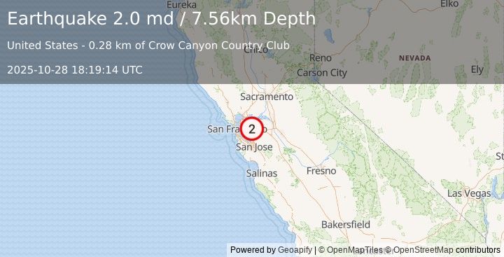 Earthquake 2 km ENE of San Ramon, CA (2.0 md) (2025-10-28 18:19:14 UTC)
