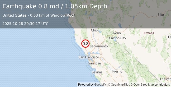 Earthquake 3 km ESE of The Geysers, CA (0.8 md) (2025-10-28 20:30:17 UTC)