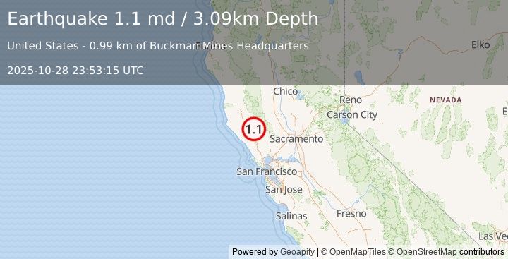 Earthquake 6 km WNW of The Geysers, CA (1.1 md) (2025-10-28 23:53:15 UTC)