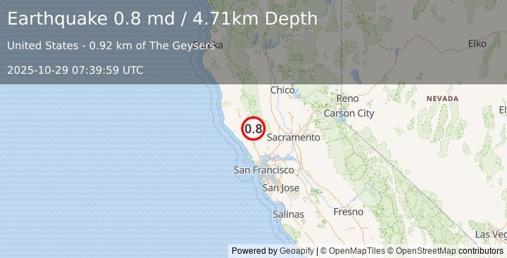 Earthquake 1 km E of The Geysers, CA (0.8 md) (2025-10-29 07:39:59 UTC)