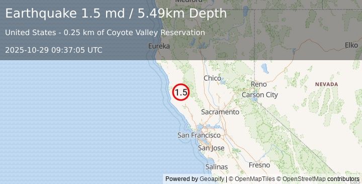 Earthquake 2 km SSW of Redwood Valley, CA (1.5 md) (2025-10-29 09:37:05 UTC)