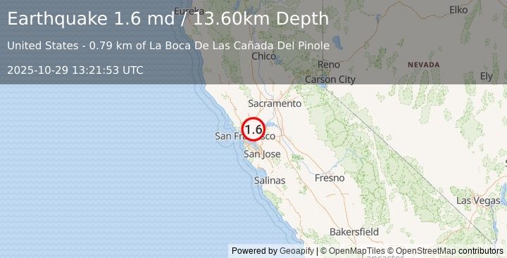Earthquake 8 km NNW of Lafayette, CA (1.6 md) (2025-10-29 13:21:53 UTC)