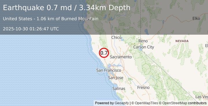 Earthquake 4 km NNW of The Geysers, CA (0.7 md) (2025-10-30 01:26:47 UTC)