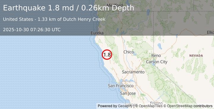 Earthquake 13 km SSE of Laytonville, CA (1.8 md) (2025-10-30 07:26:30 UTC)