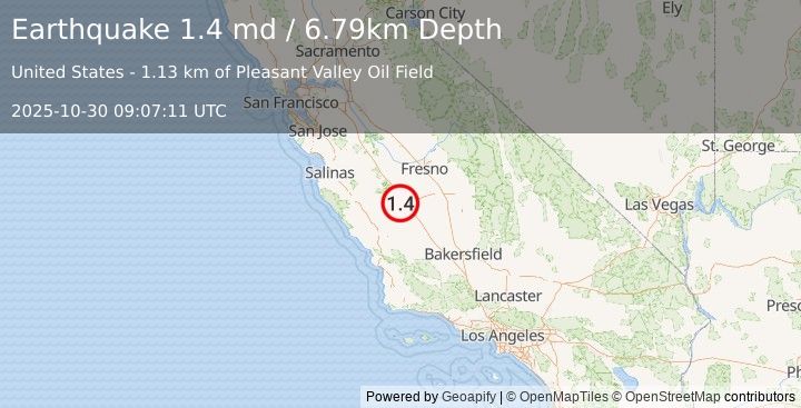 Earthquake 10 km ENE of Coalinga, CA (1.4 md) (2025-10-30 09:07:11 UTC)