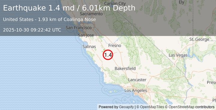 Earthquake 8 km ENE of Coalinga, CA (1.4 md) (2025-10-30 09:22:42 UTC)
