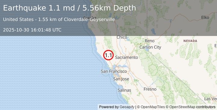 Earthquake 9 km SSW of The Geysers, CA (1.1 md) (2025-10-30 16:01:48 UTC)