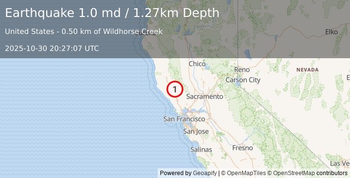 Earthquake 10 km NW of The Geysers, CA (1.0 md) (2025-10-30 20:27:07 UTC)