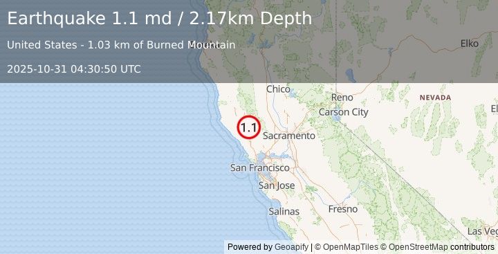 Earthquake 2 km NW of The Geysers, CA (1.1 md) (2025-10-31 04:30:50 UTC)