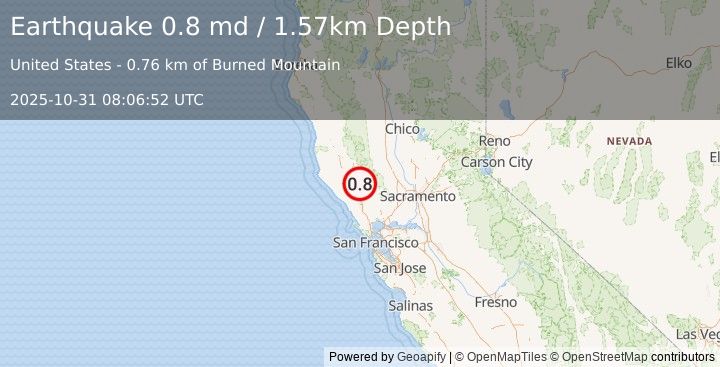Earthquake 2 km NNW of The Geysers, CA (0.8 md) (2025-10-31 08:06:52 UTC)